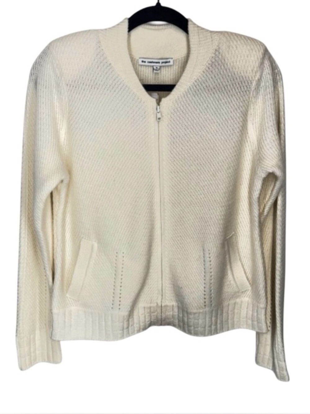 NWT The Cashmere Project Zip Textured Bomber Sweater in Frost White